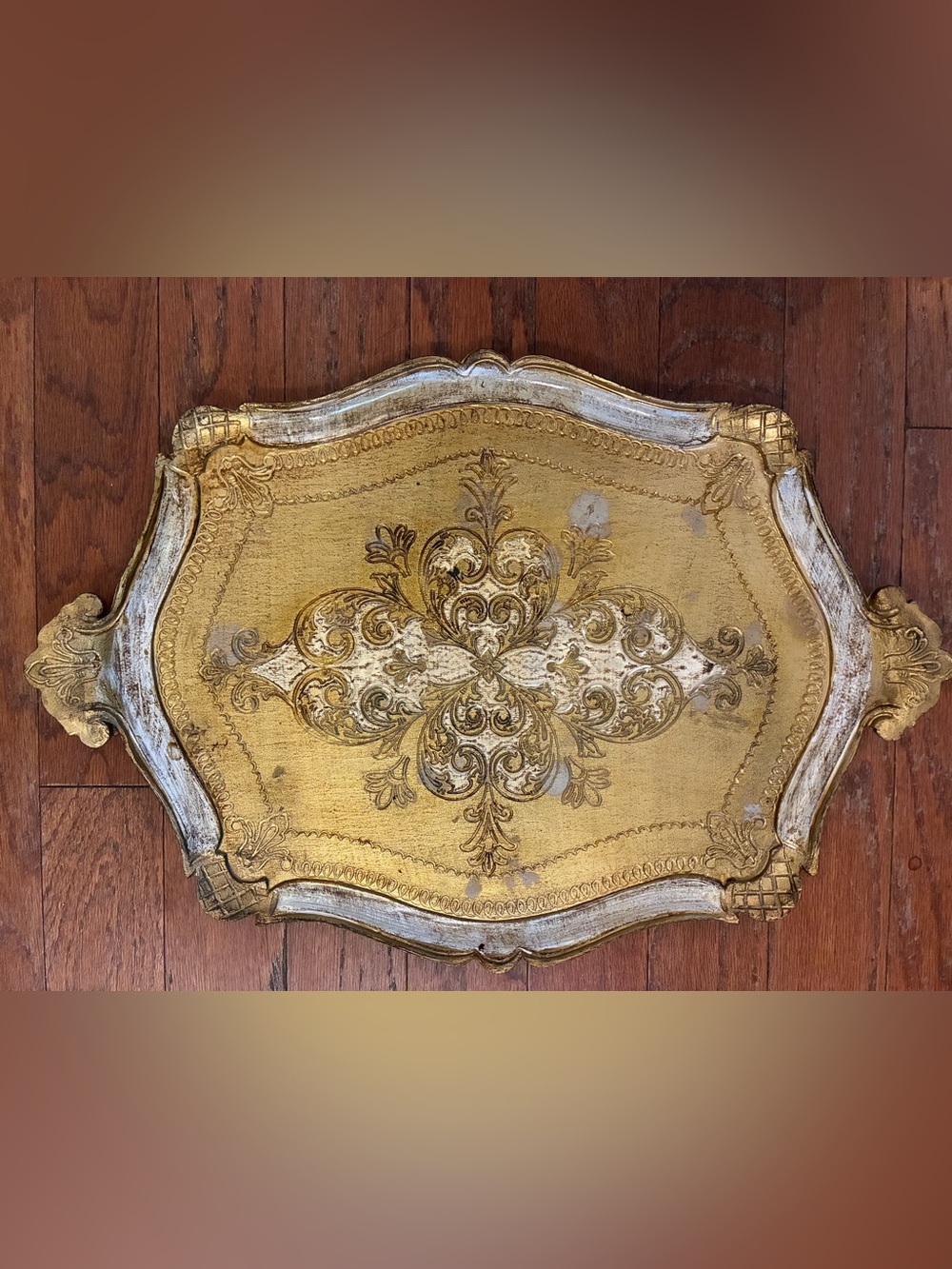VTG Italian Florentine Carved Gilt Wood Tray Gold & White Distressed 21.5x15”